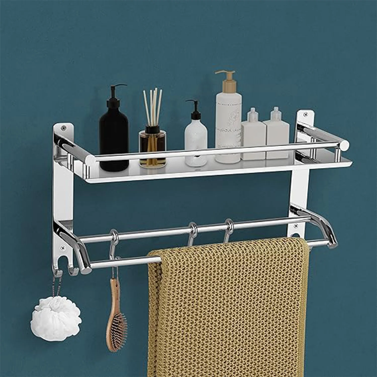 Stainless Steel Single Hook Wall-Mount Multipurpose 2 Tier Shelf - Image 2