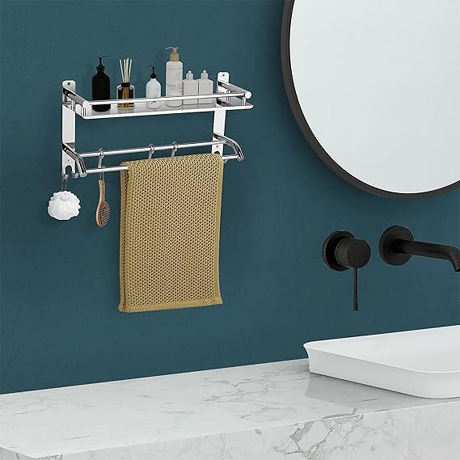Stainless Steel Single Hook Wall-Mount Multipurpose 2 Tier Shelf - Image 3