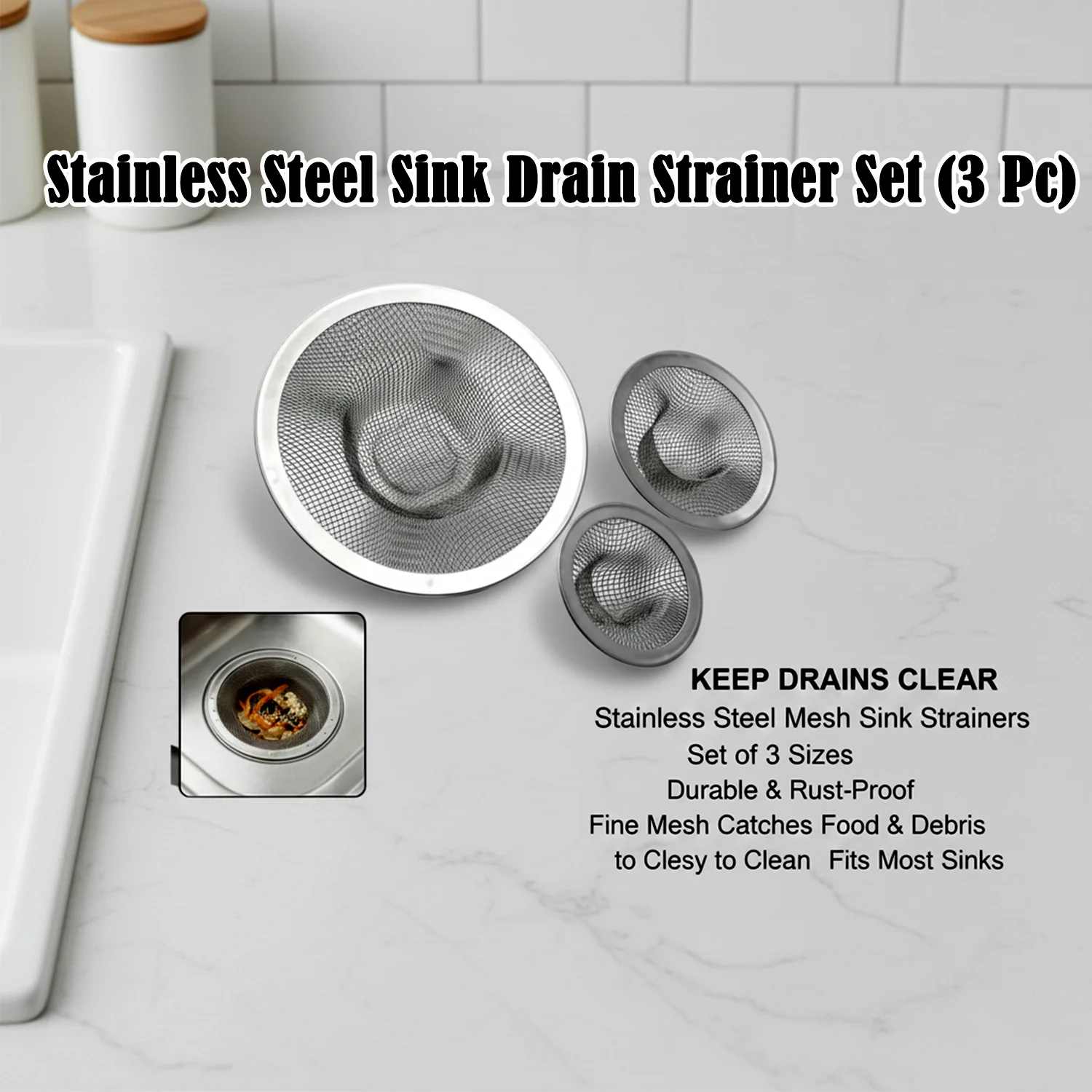 Stainless Steel Sink Drain Strainer Set (3 Pc) - Image 4