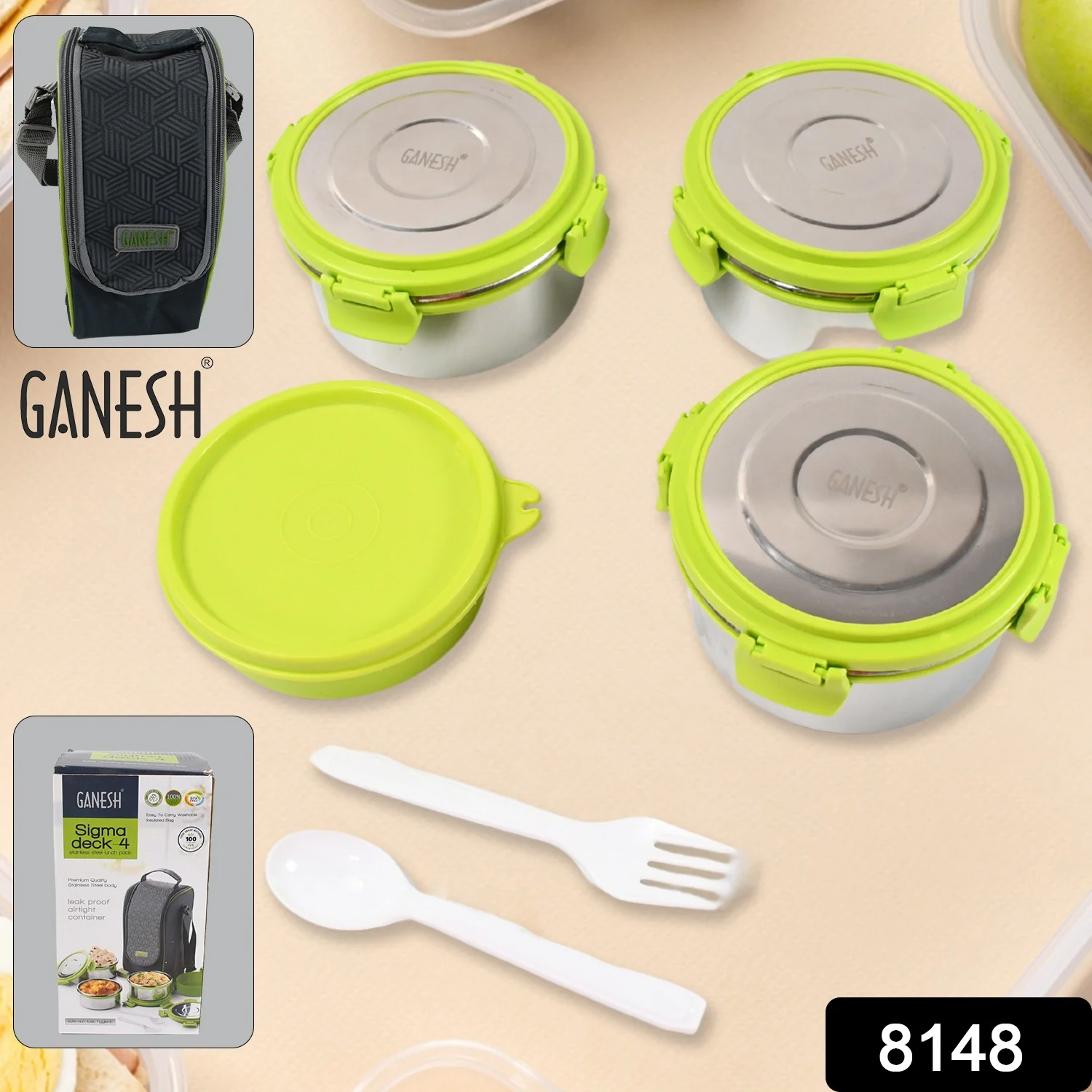 Stainless Steel Tiffin Lunch Box Container / Dabba with 4 Side Clip Lock Lid - Image 2