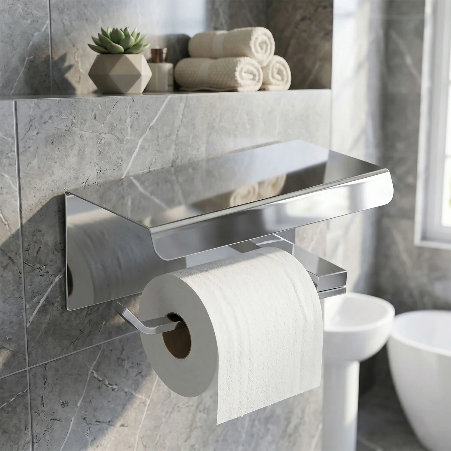 Stainless Steel Toilet Paper Holder with Shelf for Bathroom - Image 3