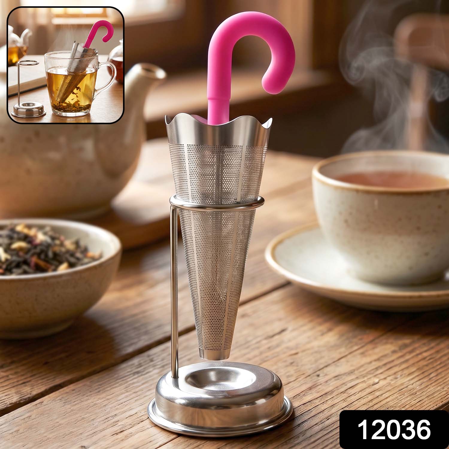 Stainless Steel Umbrella Tea Strainer with Stand Drip Tray Reusable Tea Infuser Filter (1 Pc) - Image 2