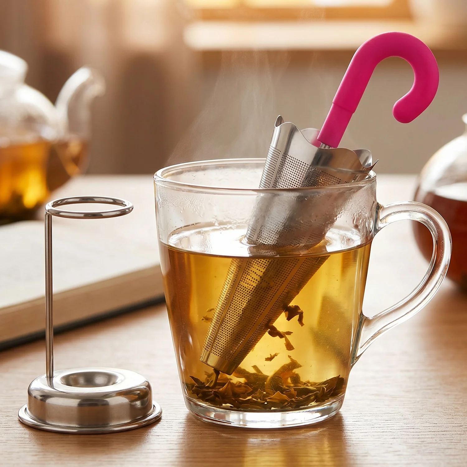 Stainless Steel Umbrella Tea Strainer with Stand Drip Tray Reusable Tea Infuser Filter (1 Pc) - Image 3