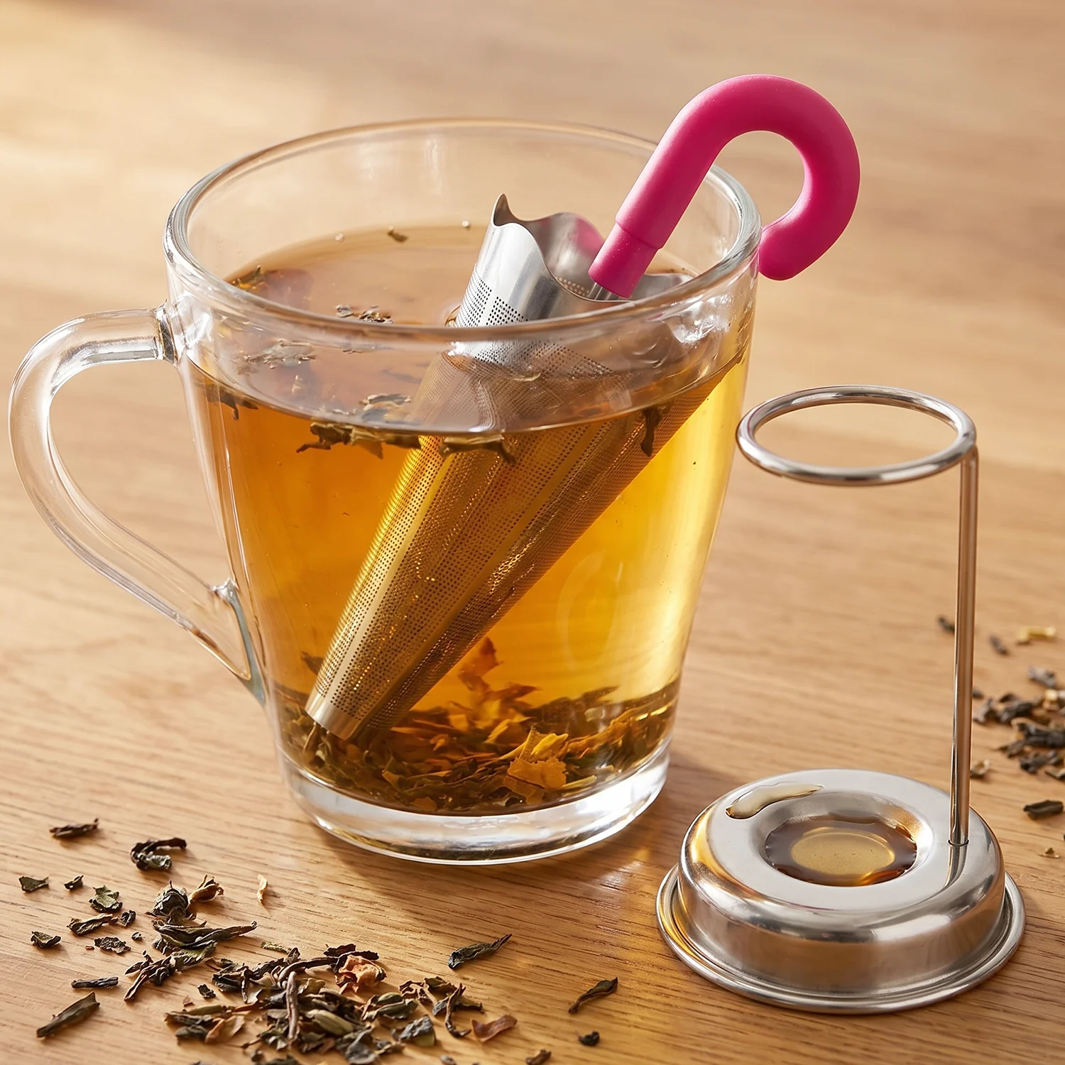Stainless Steel Umbrella Tea Strainer with Stand Drip Tray Reusable Tea Infuser Filter (1 Pc) - Image 5