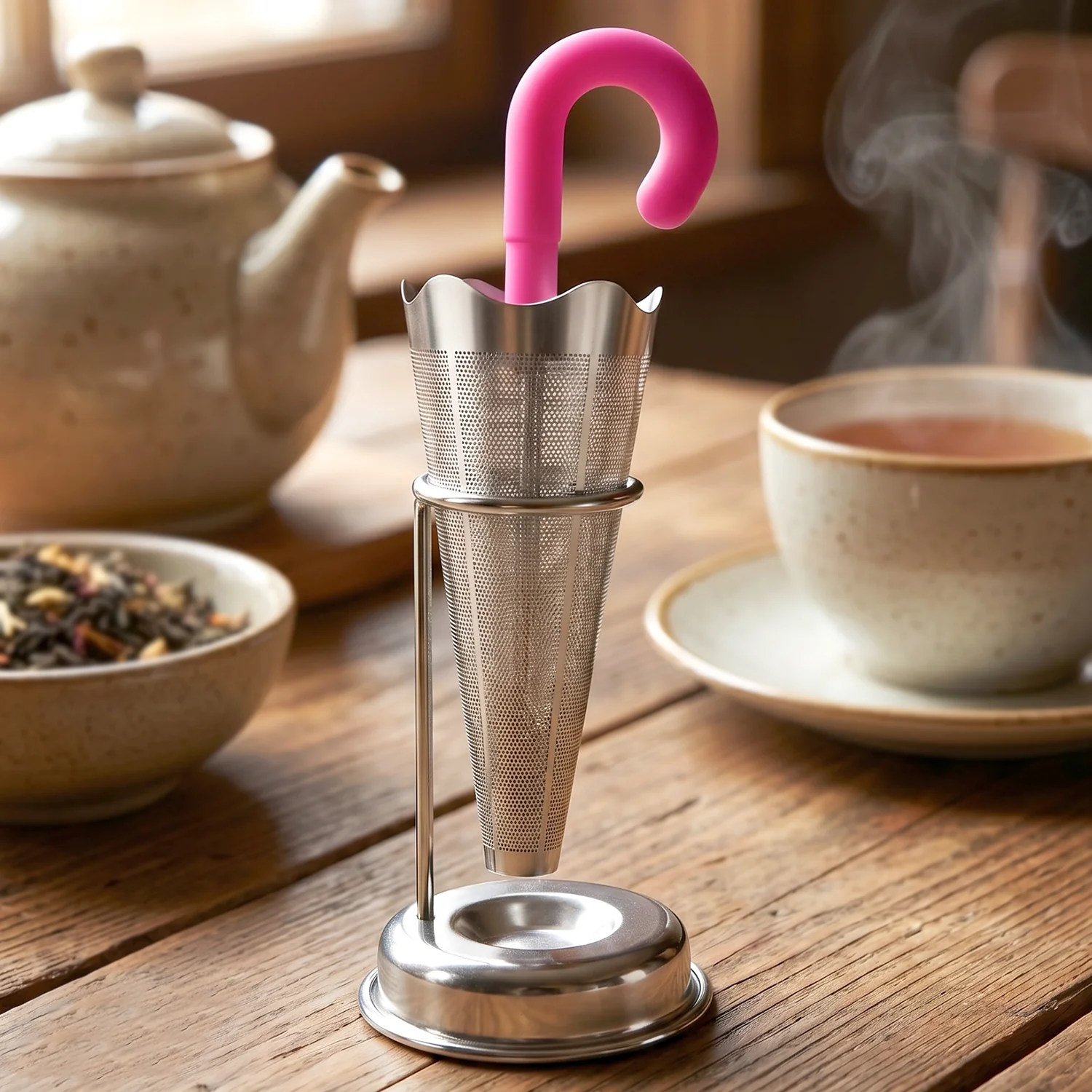 Stainless Steel Umbrella Tea Strainer with Stand Drip Tray Reusable Tea Infuser Filter (1 Pc) - Image 7
