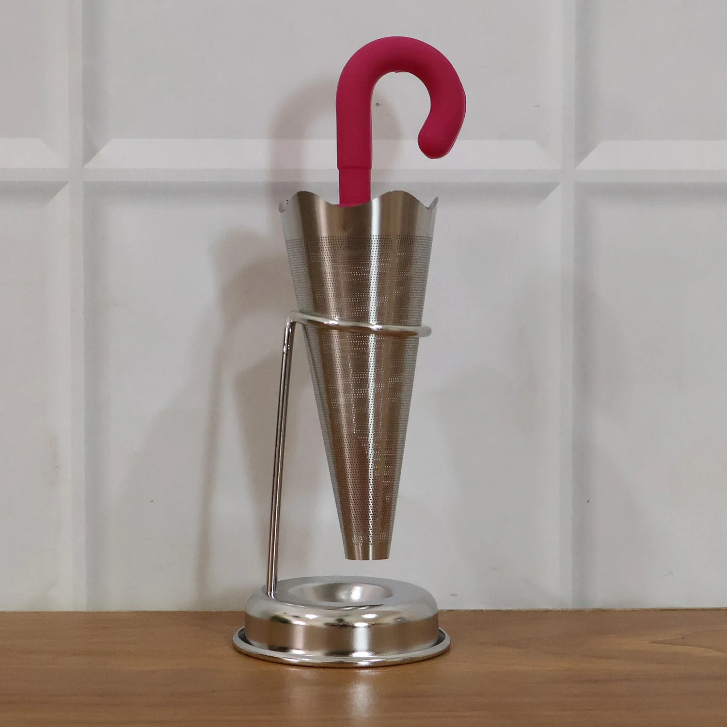 Stainless Steel Umbrella Tea Strainer with Stand Drip Tray Reusable Tea Infuser Filter (1 Pc) - Image 9