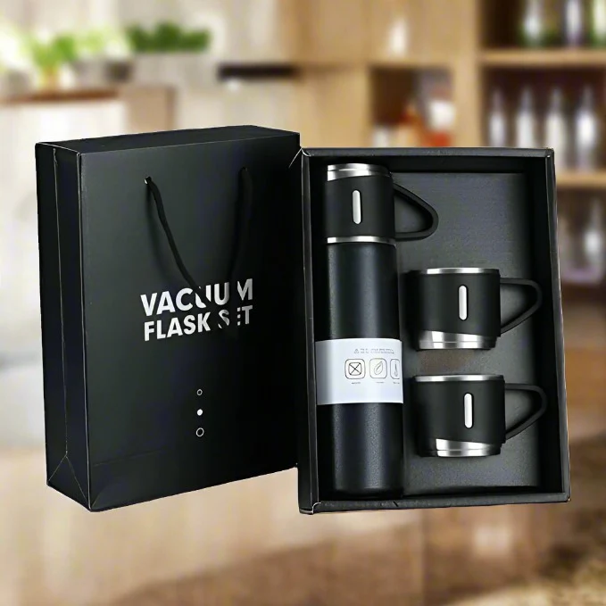 Stainless Steel Vacuum Flask Set with 3 Steel Cups Combo (500ml) - Image 3