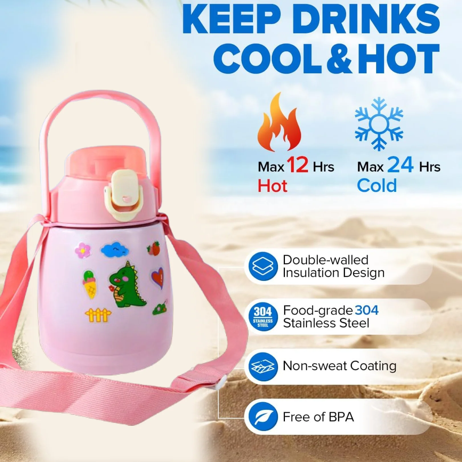 Stainless Steel Vacuum Insulated Water Bottle with Handle & Sticker (700 ML) - Image 2