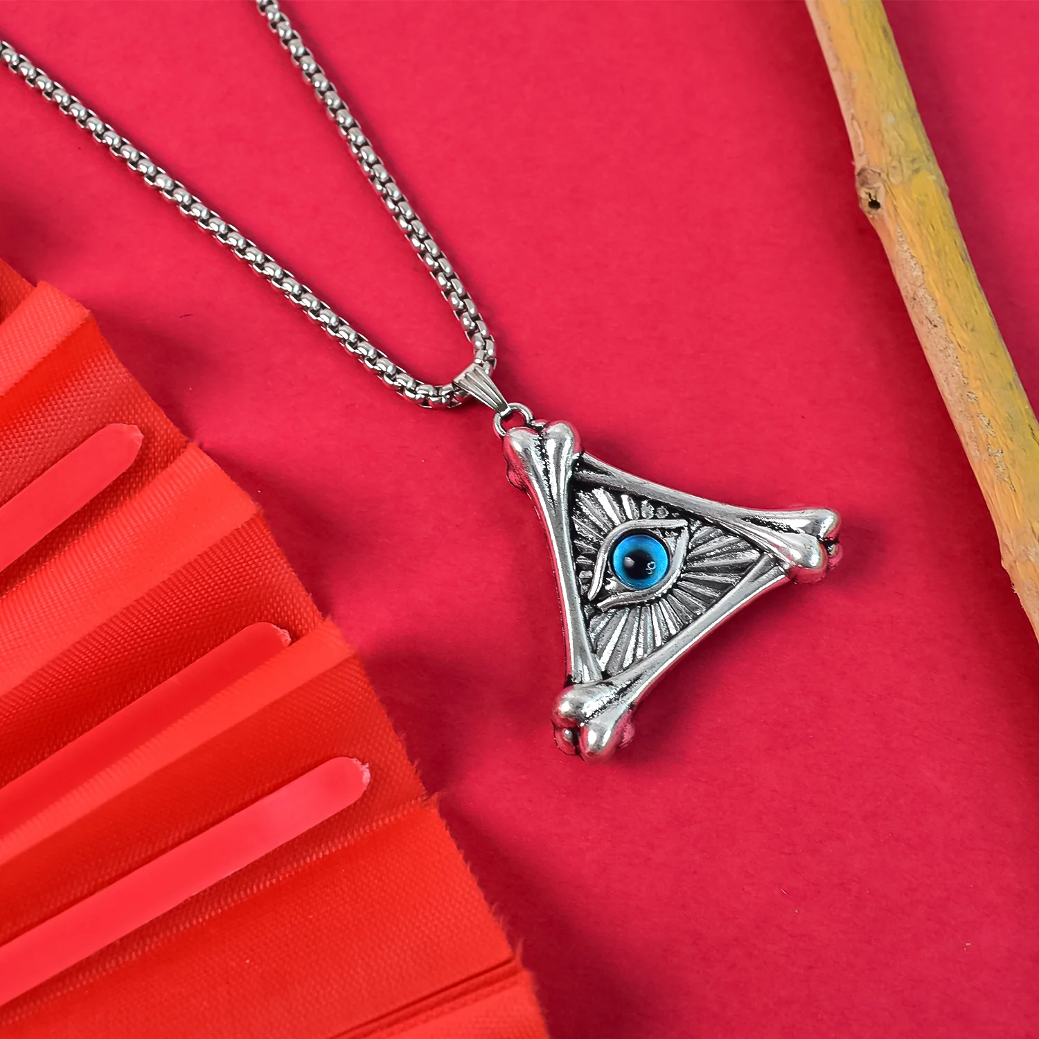 Silver Plated Vintage Evil Eye Protection Triangle Pendant With Necklace (1 PC) - Image 2