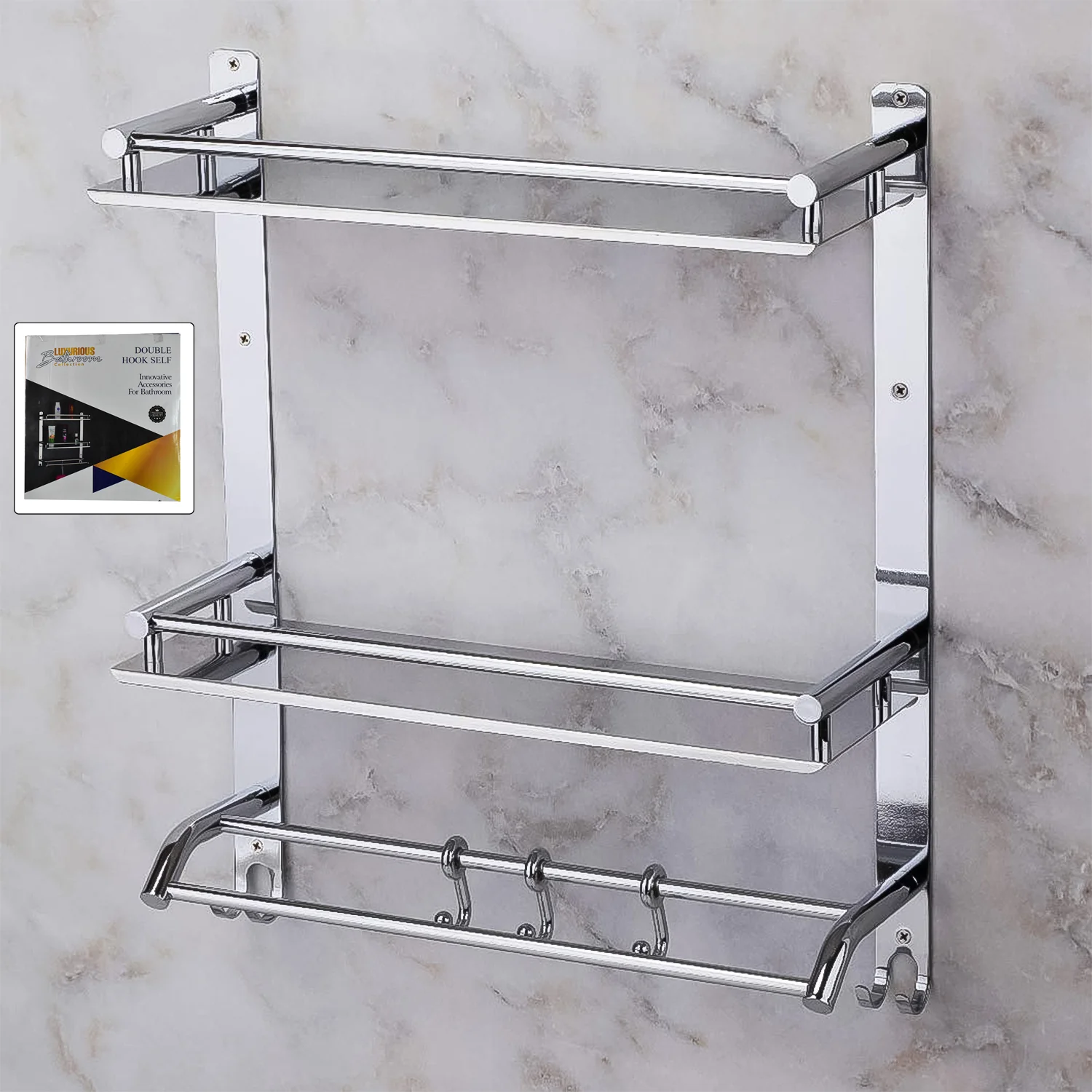 Stainless Steel Wall-Mount 2 Tier Self With Towel Bar - Image 2