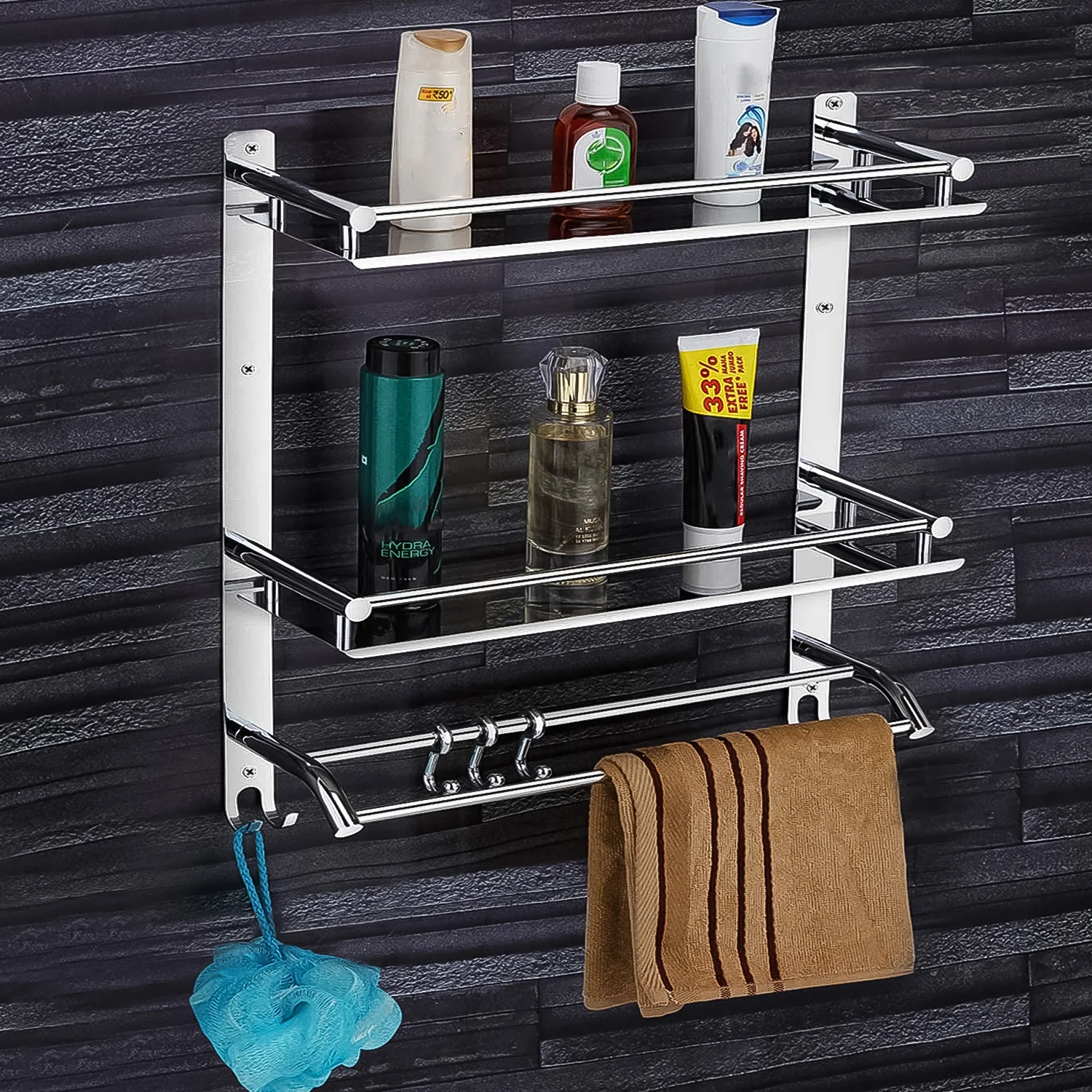 Stainless Steel Wall-Mount 2 Tier Self With Towel Bar - Image 3