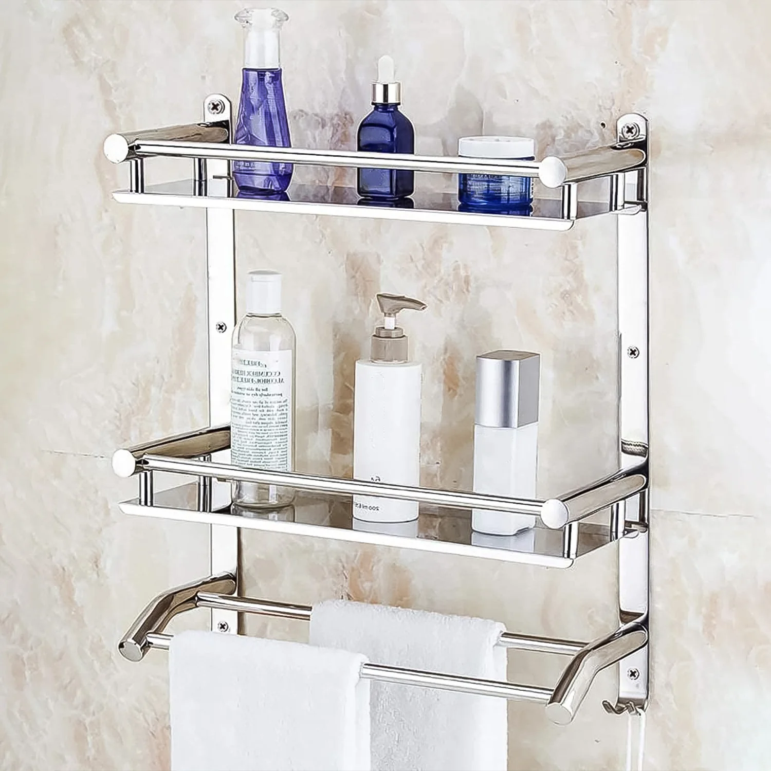 Stainless Steel Wall-Mount 2 Tier Self With Towel Bar - Image 4