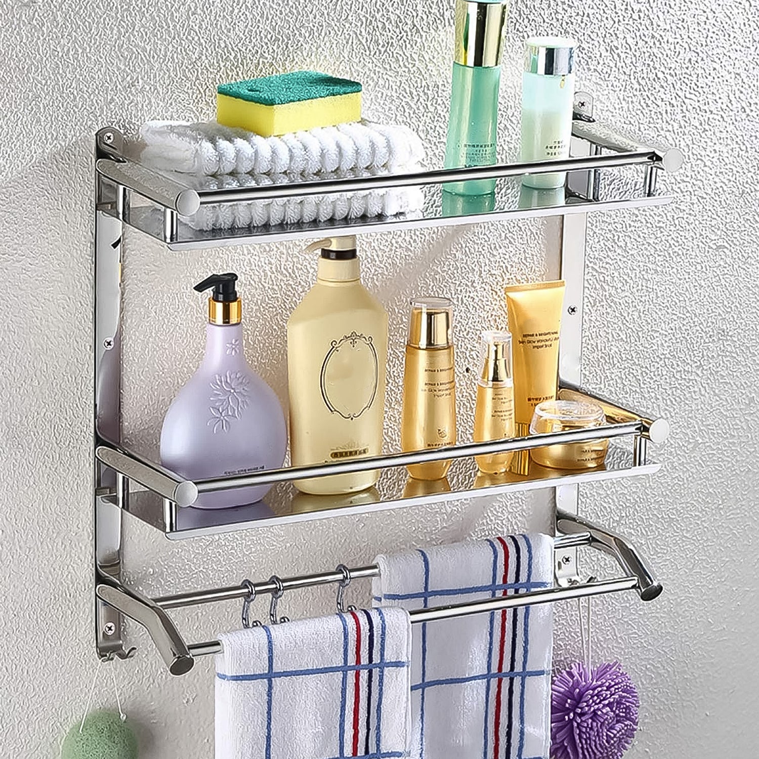 Stainless Steel Wall-Mount 2 Tier Self With Towel Bar - Image 5