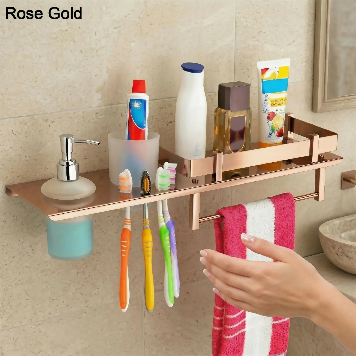 Stainless Steel Wall Mounted Bathroom Shelf with Soap Dispenser, Toothbrush Holder & Towel Rack 1Pc - Image 2