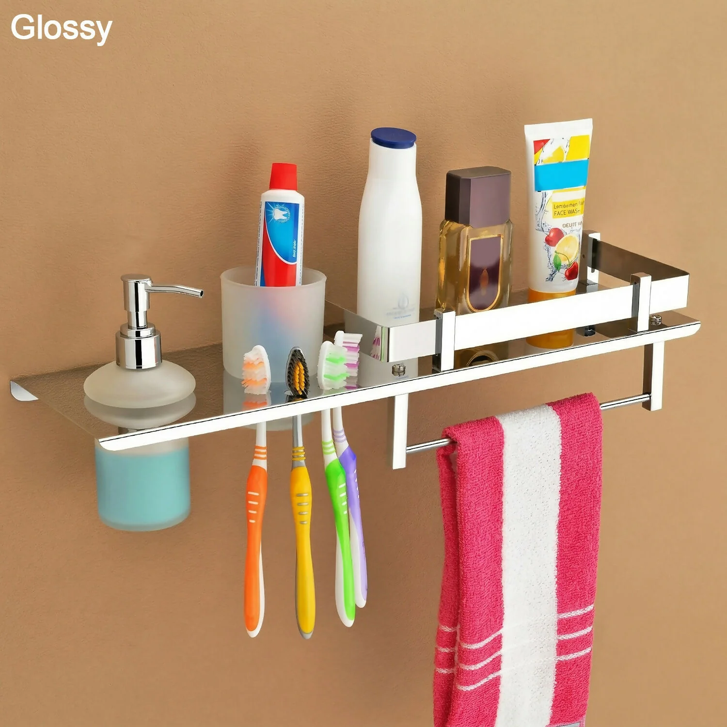 Stainless Steel Wall Mounted Bathroom Shelf with Soap Dispenser, Toothbrush Holder & Towel Rack 1Pc - Image 3
