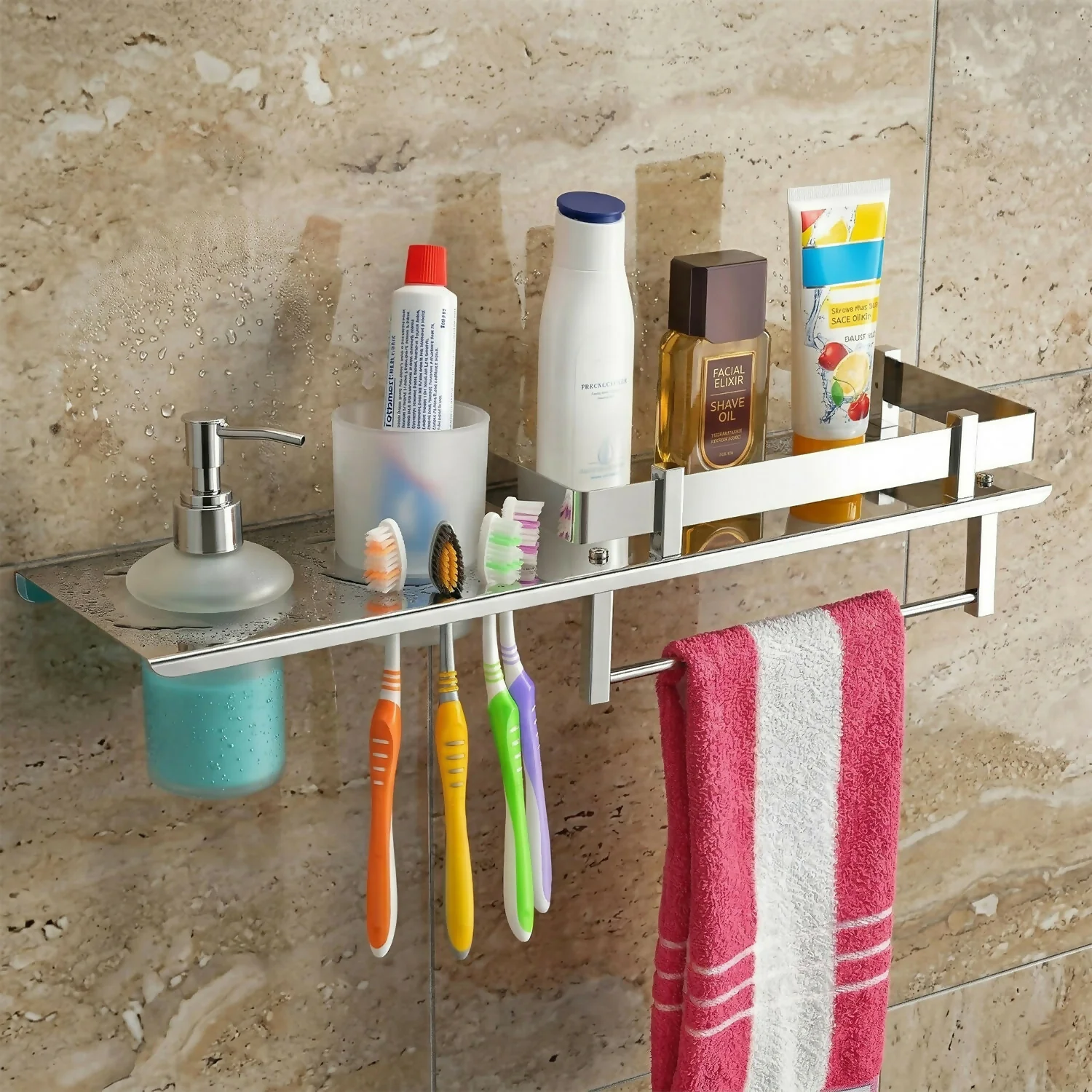 Stainless Steel Wall Mounted Bathroom Shelf with Soap Dispenser, Toothbrush Holder & Towel Rack 1Pc - Image 4