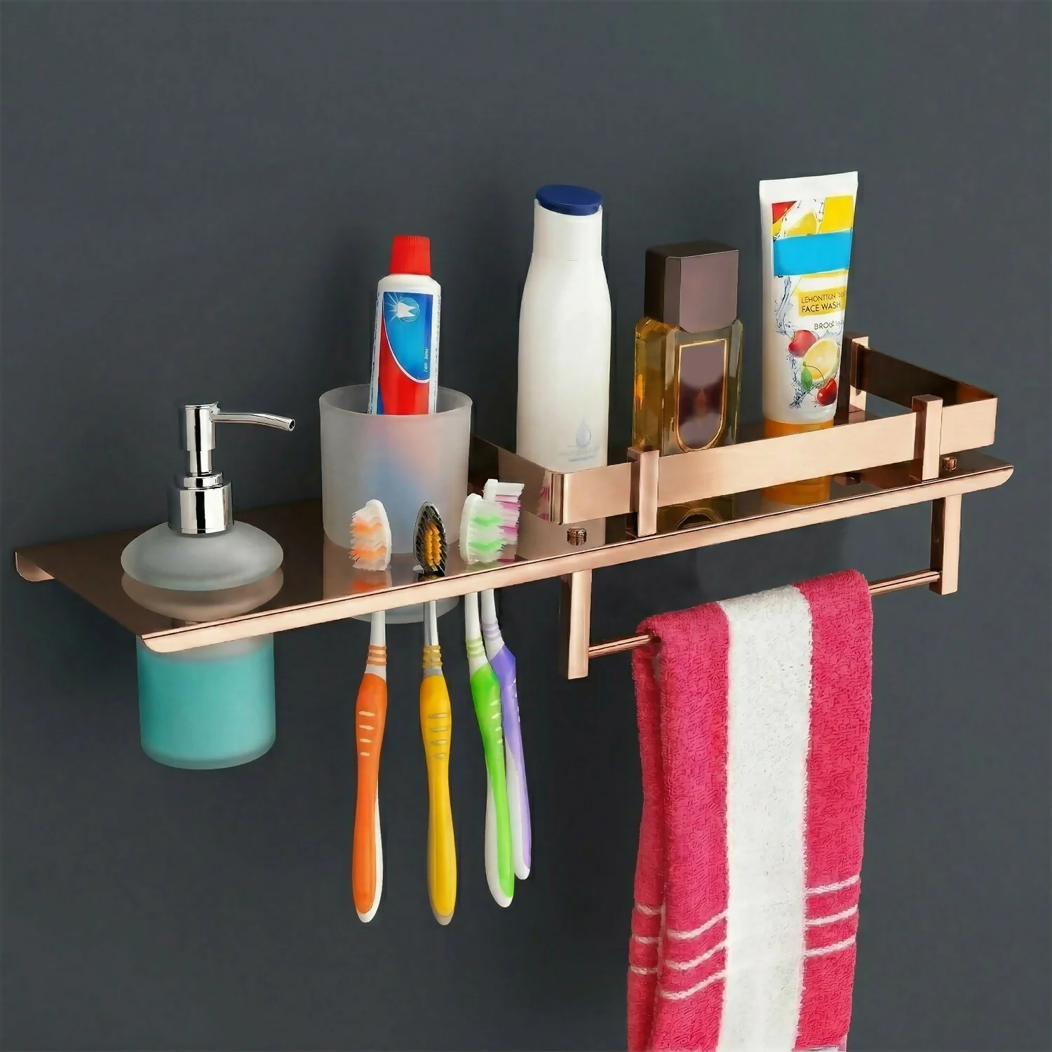 Stainless Steel Wall Mounted Bathroom Shelf with Soap Dispenser, Toothbrush Holder & Towel Rack 1Pc - Image 5