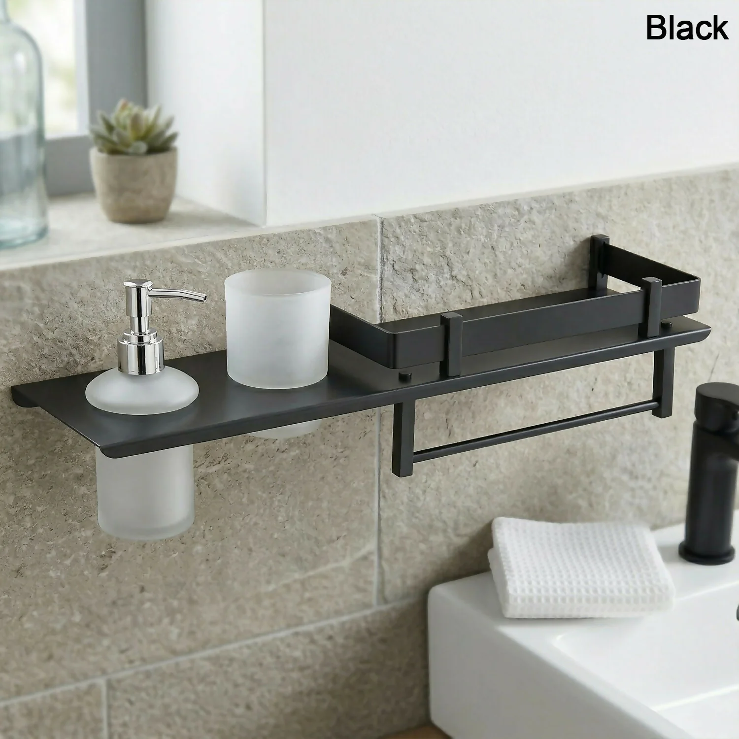 Stainless Steel Wall Mounted Bathroom Shelf with Soap Dispenser, Toothbrush Holder & Towel Rack 1Pc - Image 6