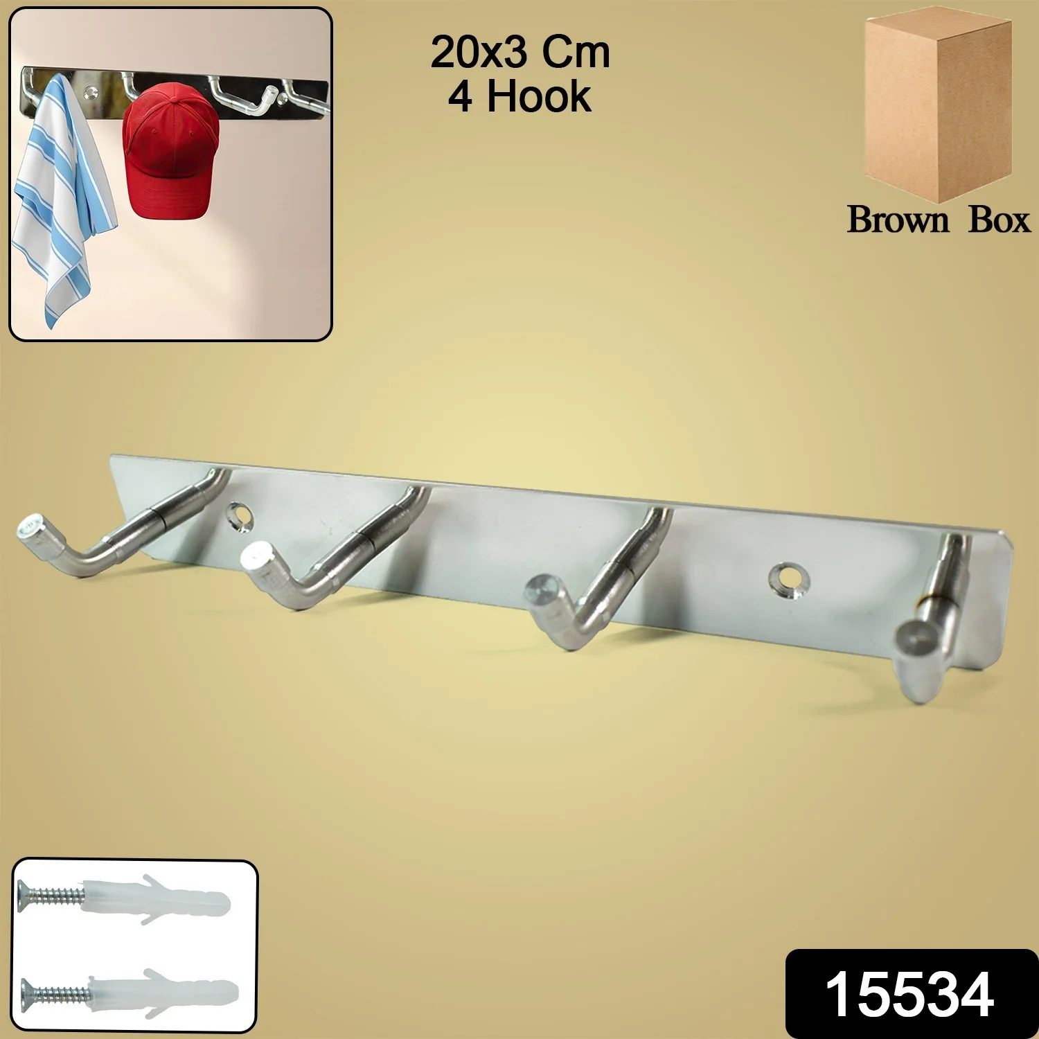 Stainless Steel Wall Mounted Coat 4 Hook Rack (20x3 / 1 Pc) - Image 2