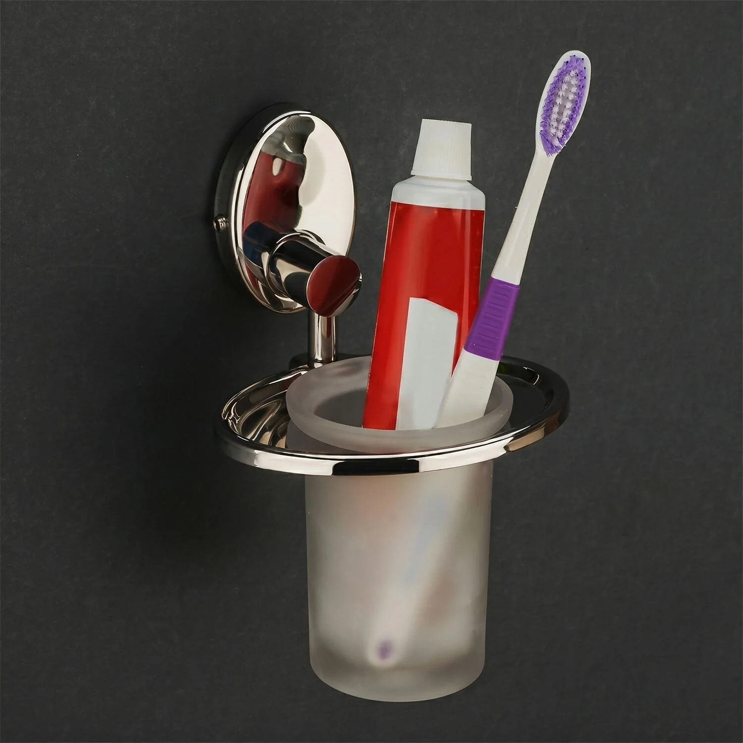 Stainless Steel Wall Mounted Toothbrush Holder with Frosted Glass Tumbler Bathroom Organizer - Image 2