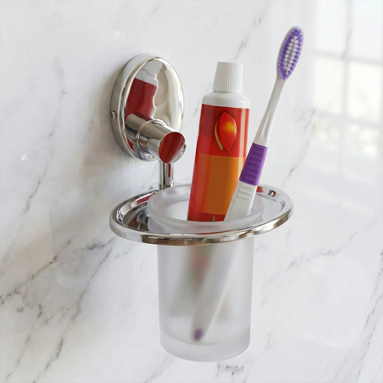 Stainless Steel Wall Mounted Toothbrush Holder with Frosted Glass Tumbler Bathroom Organizer - Image 3