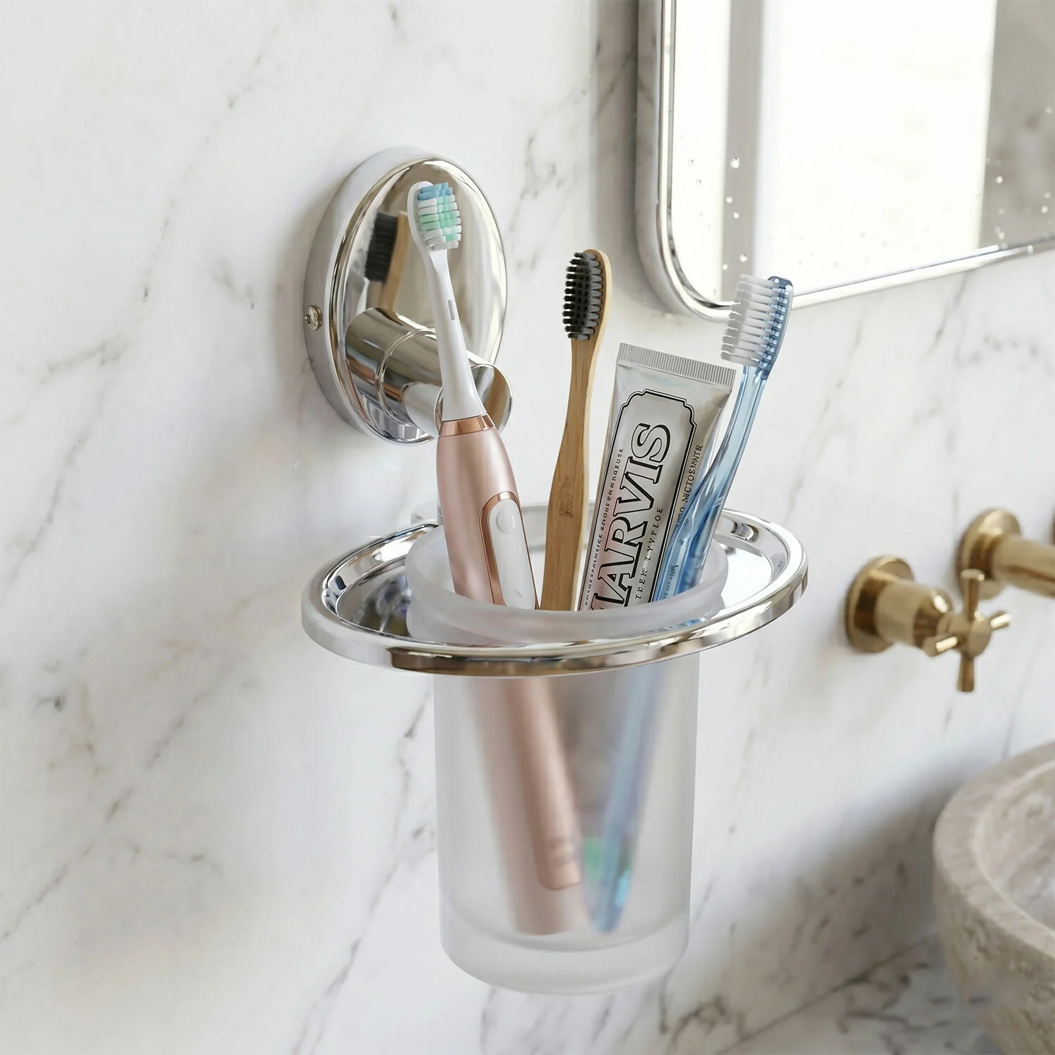Stainless Steel Wall Mounted Toothbrush Holder with Frosted Glass Tumbler Bathroom Organizer - Image 4