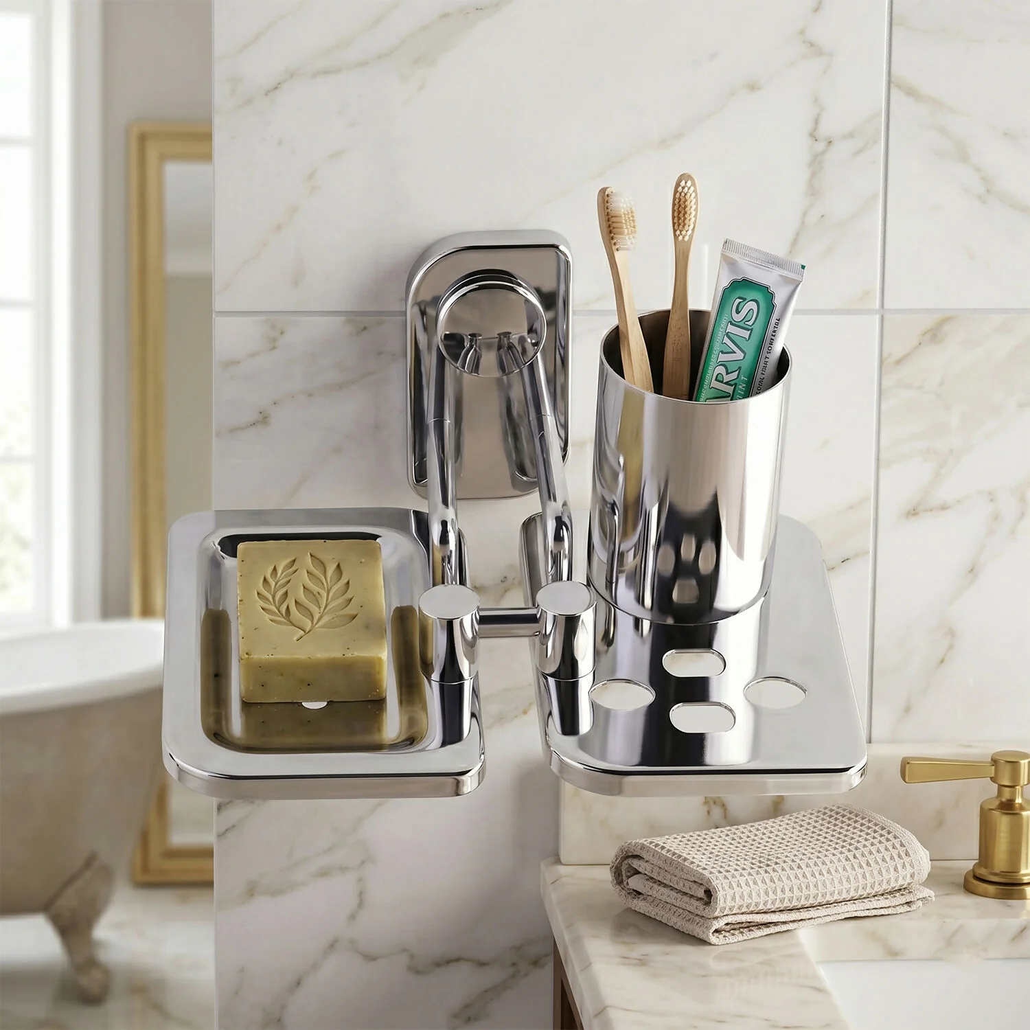 Premium Stainless Steel Wall Mounted Toothbrush Holder with Soap Dish - Image 2