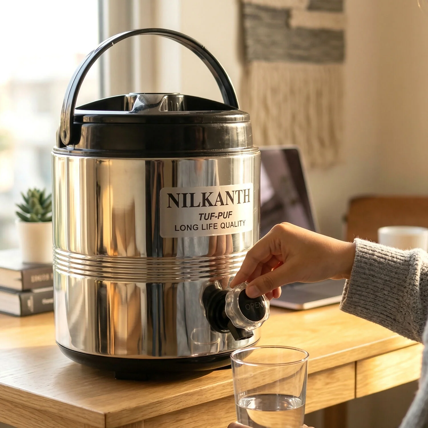 Stainless Steel Water Dispenser with Tap & Carry Handle – Hot and Cold Beverage Storage - Image 2
