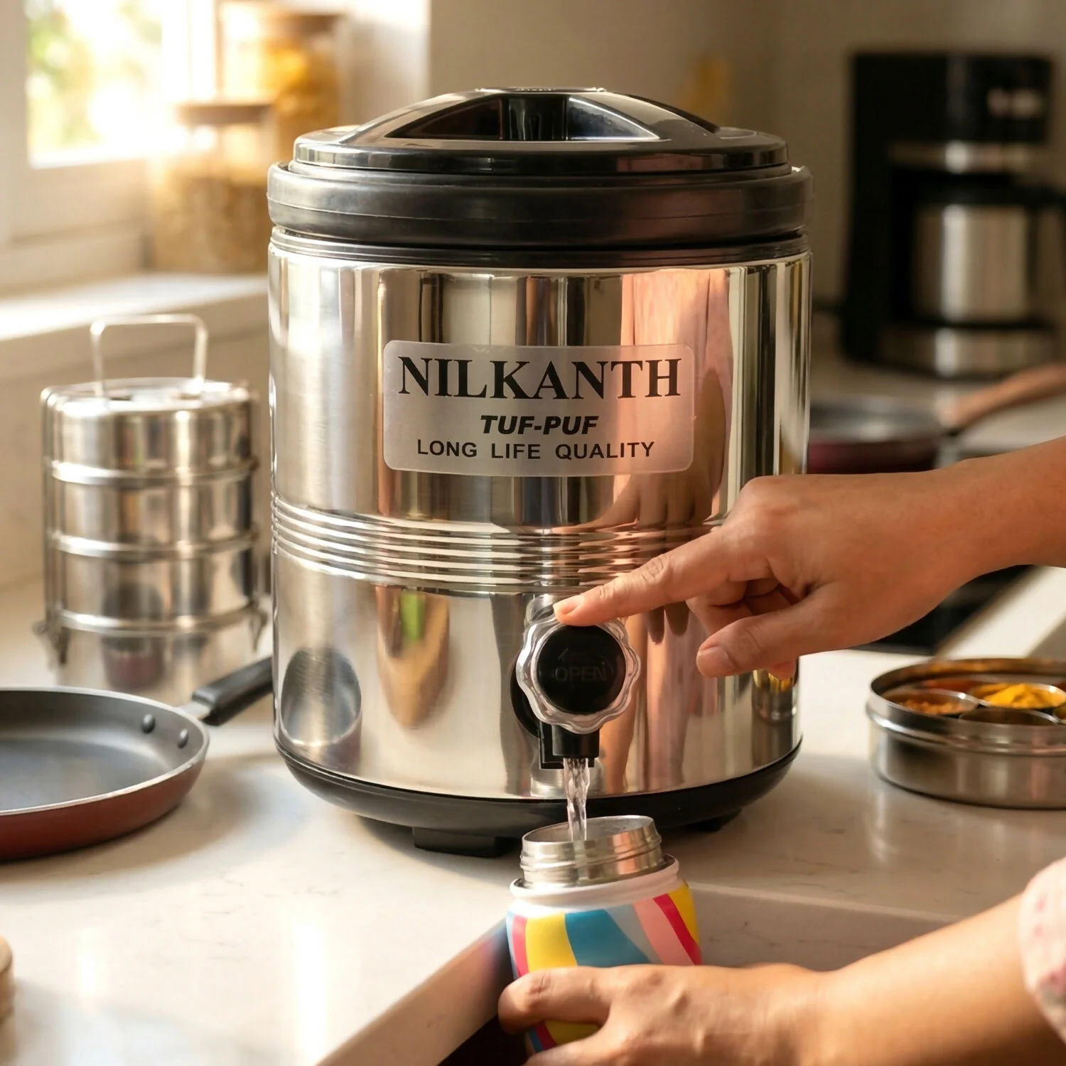 Stainless Steel Water Dispenser with Tap & Carry Handle – Hot and Cold Beverage Storage - Image 4