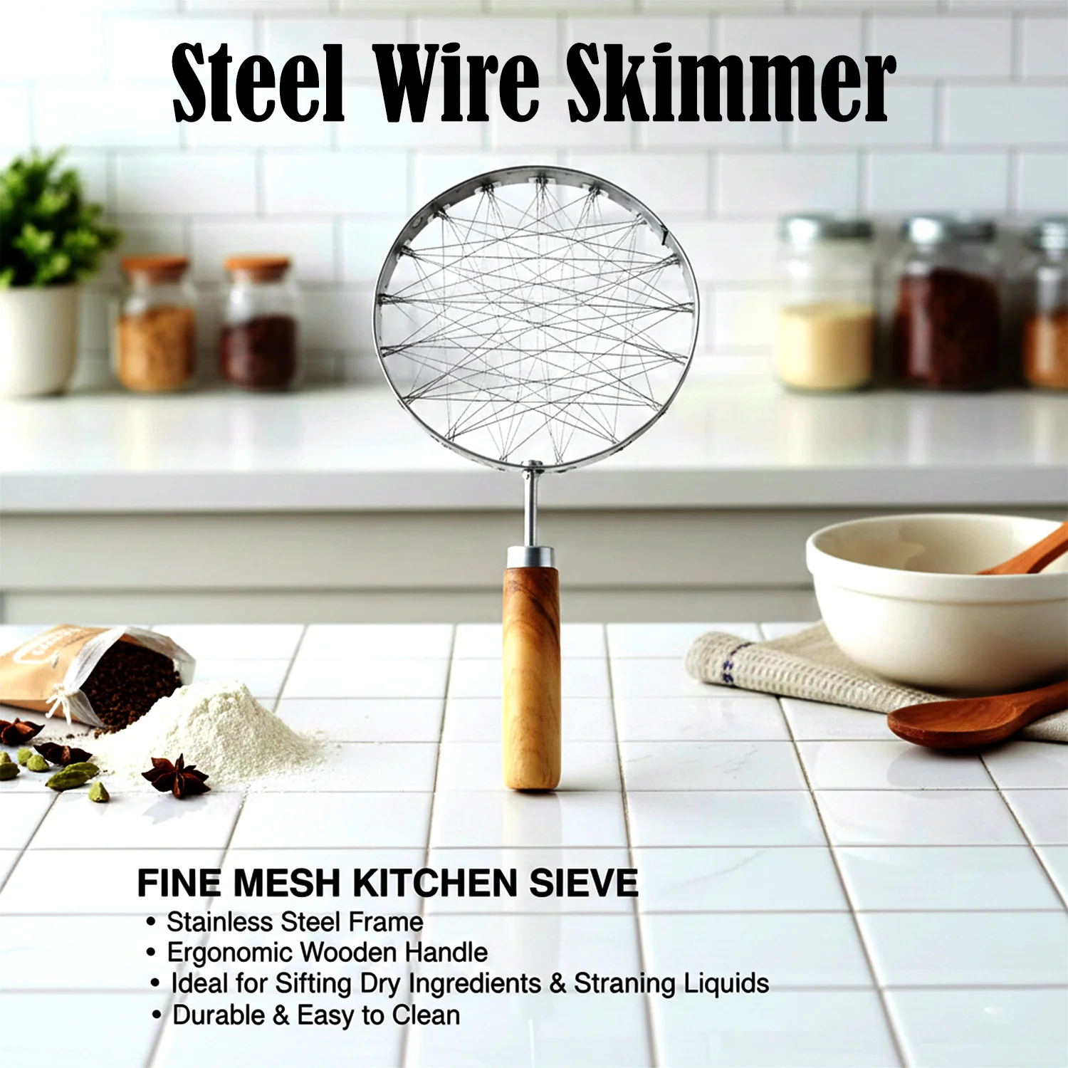Stainless Steel Wire Skimmer with Wooden Handle (1 Pc) - Image 4