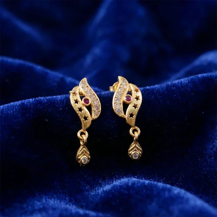 Star Cut Pattern Gold Finish Earrings With Crystal Detailing And Teardrop Charm - Image 2
