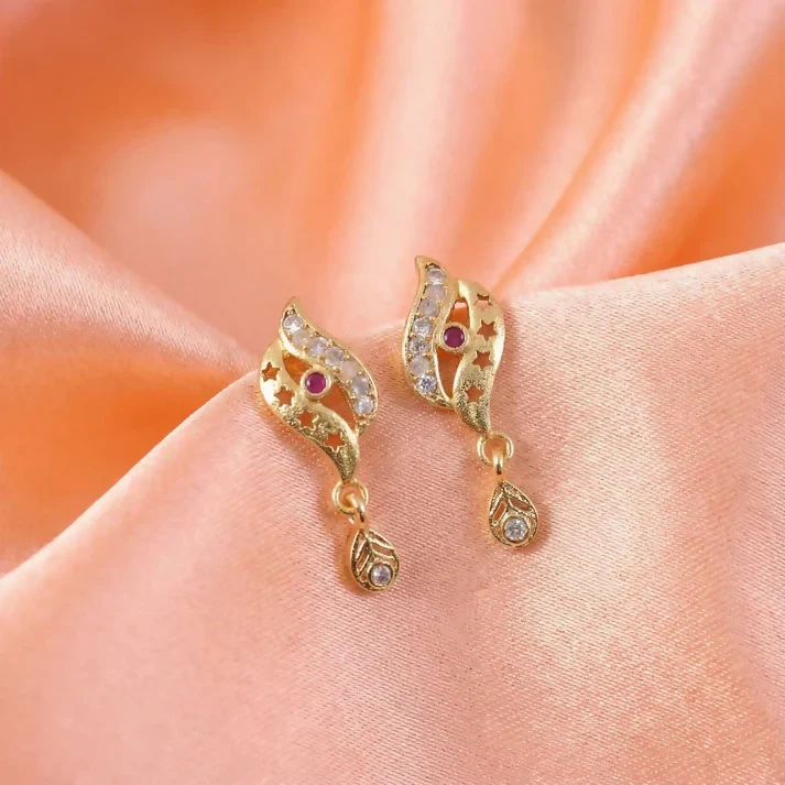 Star Cut Pattern Gold Finish Earrings With Crystal Detailing And Teardrop Charm - Image 3
