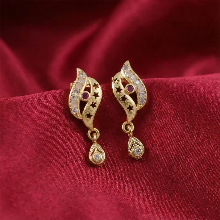Star Cut Pattern Gold Finish Earrings With Crystal Detailing And Teardrop Charm - Image 4