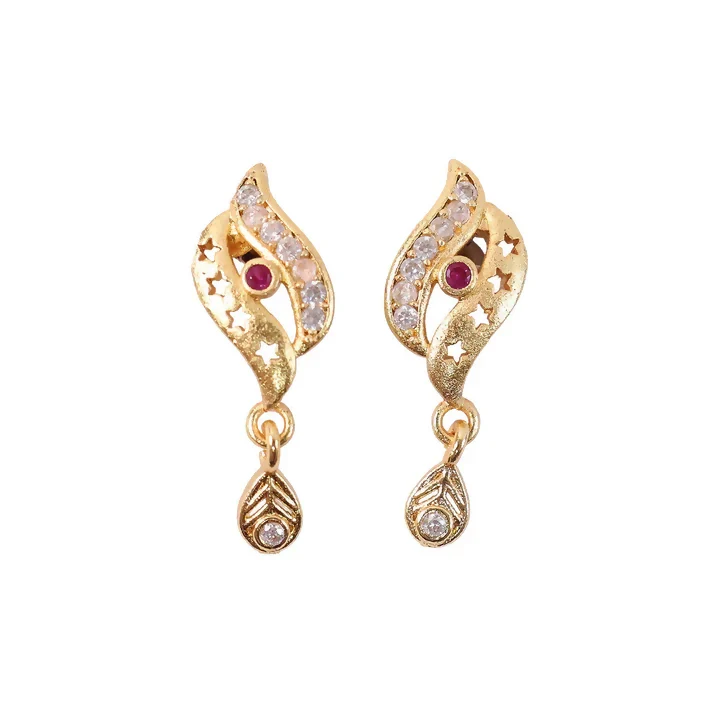 Star Cut Pattern Gold Finish Earrings With Crystal Detailing And Teardrop Charm - Image 5