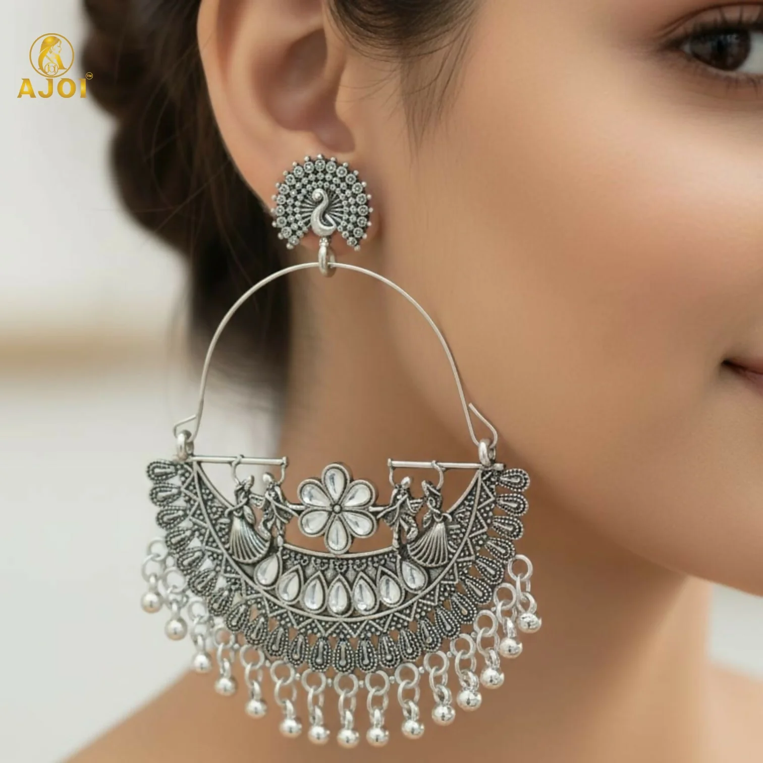 Statement Oxidized Silver Peacock Arch Earrings with Intricate Handcrafted Detailing - Image 2