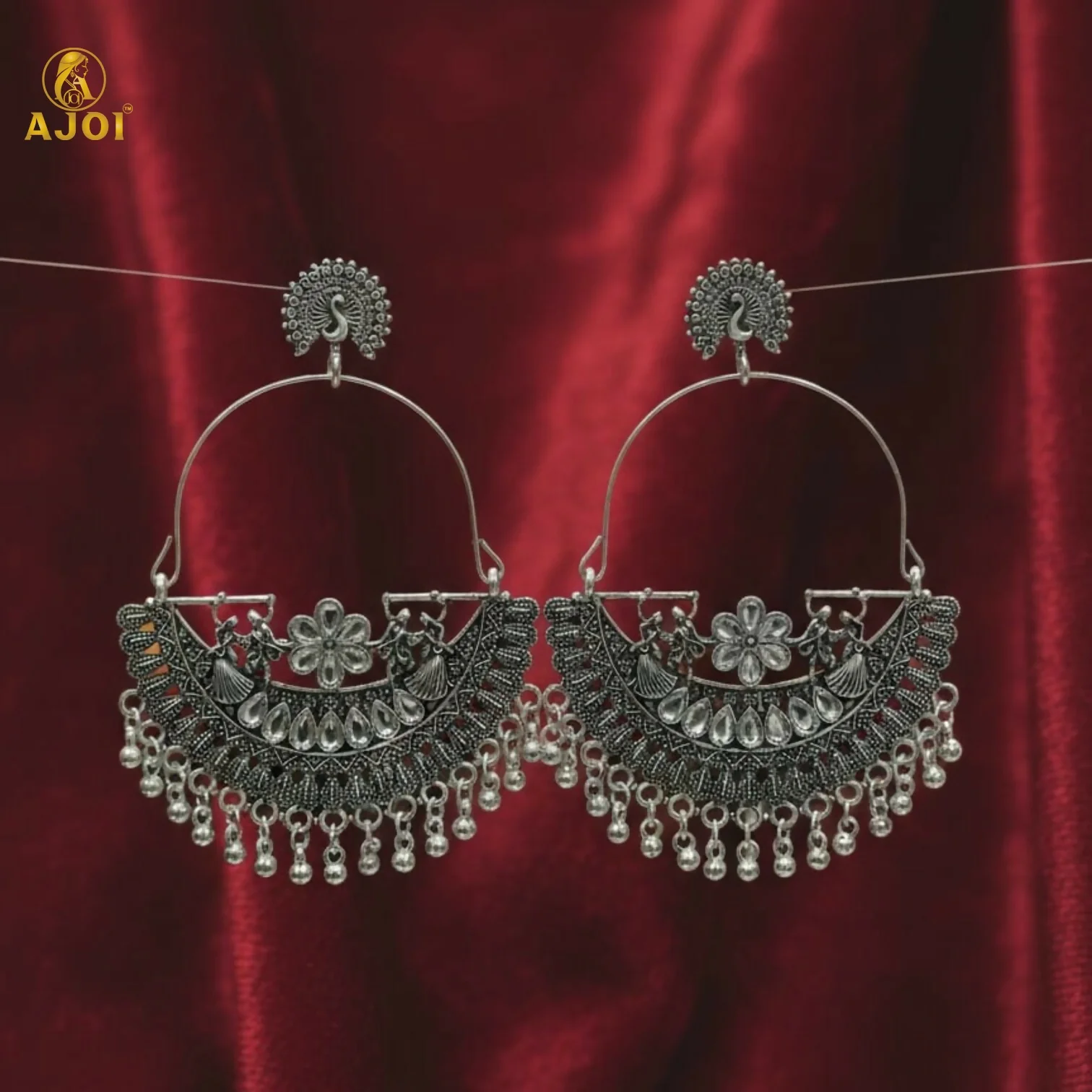 Statement Oxidized Silver Peacock Arch Earrings with Intricate Handcrafted Detailing - Image 3
