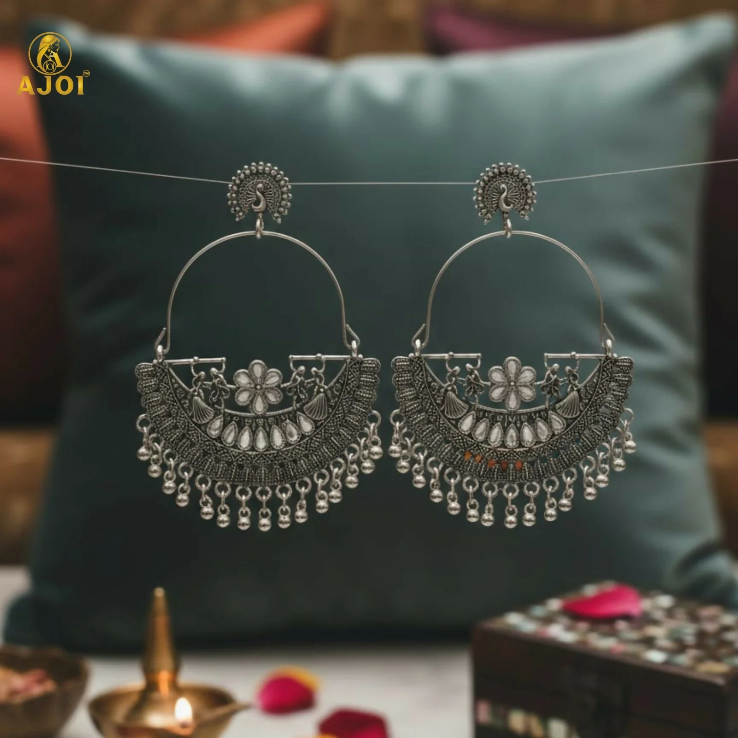 Statement Oxidized Silver Peacock Arch Earrings with Intricate Handcrafted Detailing - Image 5