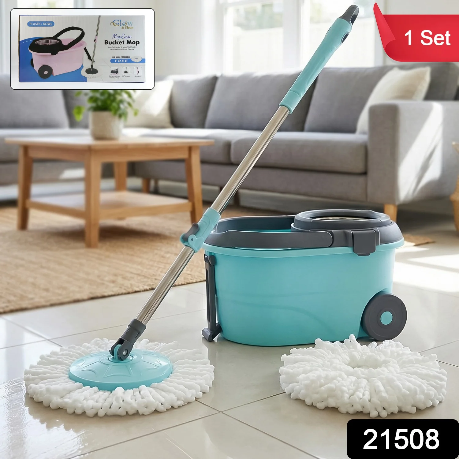 Steel Jari Bucket Mop Set with Microfiber Spin Mop (1 Set) - Image 2