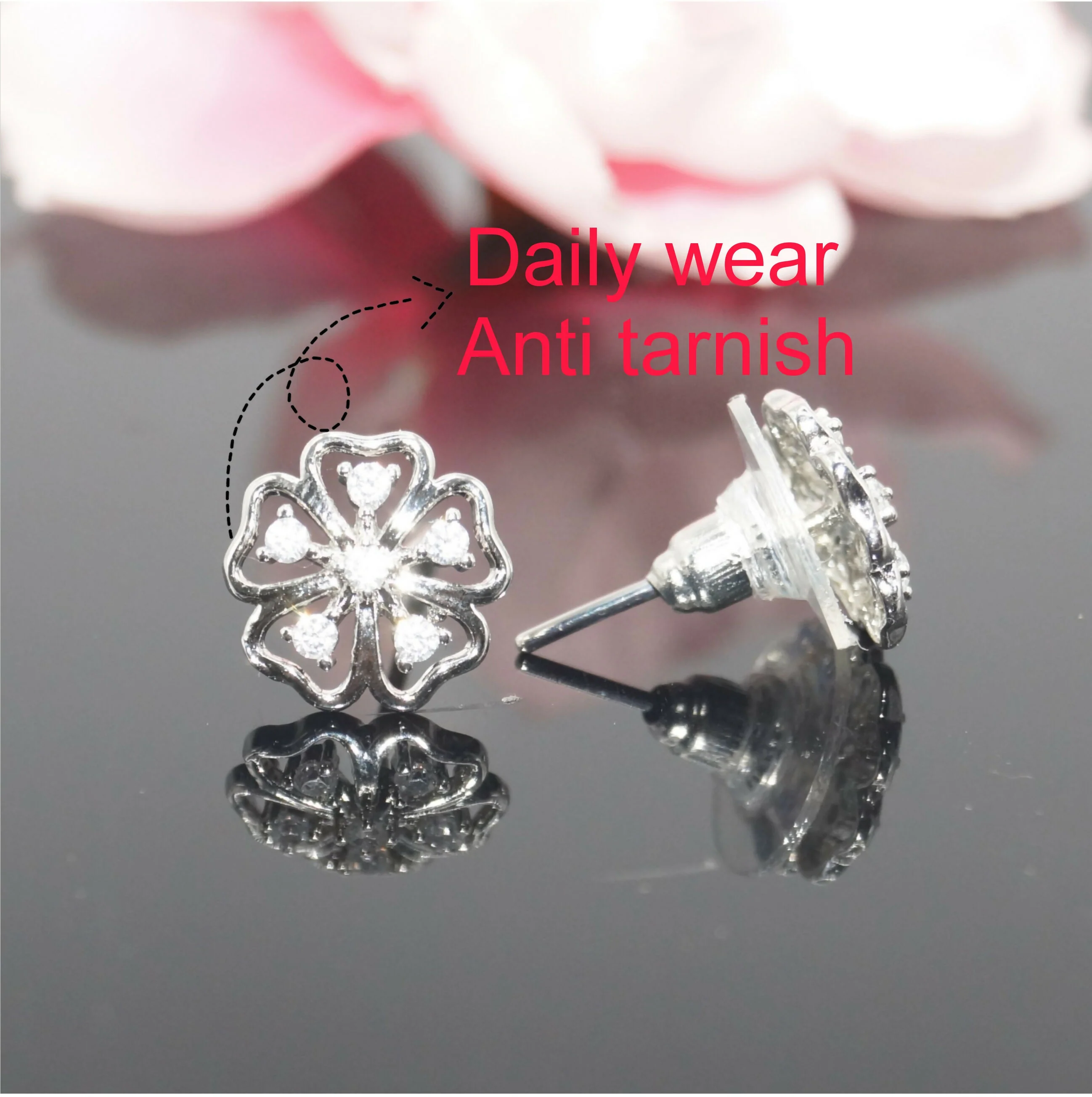 Sterling Silver AD Flower Stud Earrings - Delicate Floral Design for women and girls - Image 2