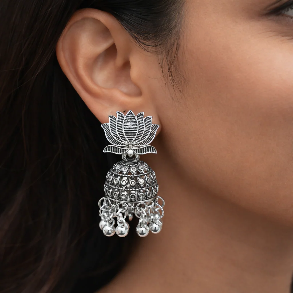 Stunning Pair Oxidised Silver Lotus Jhumka Earrings - Image 2