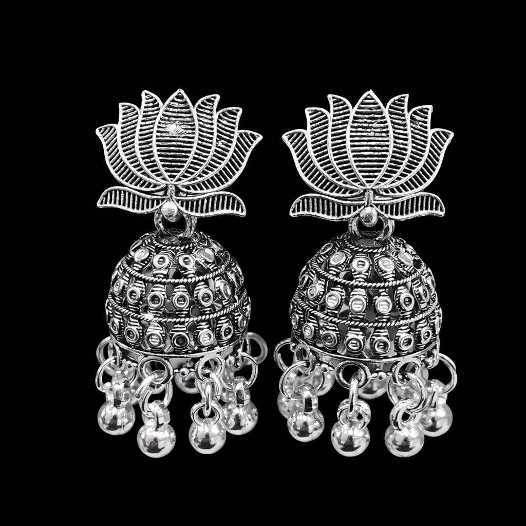 Stunning Pair Oxidised Silver Lotus Jhumka Earrings - Image 3