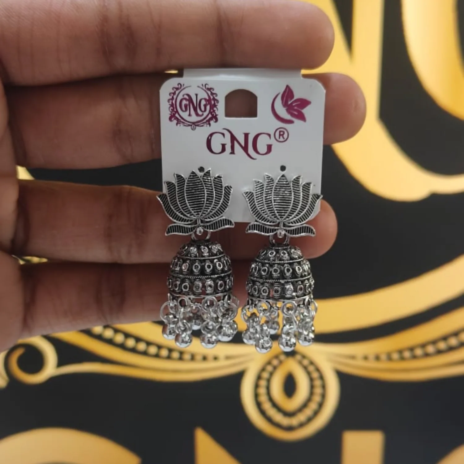 Stunning Pair Oxidised Silver Lotus Jhumka Earrings - Image 4