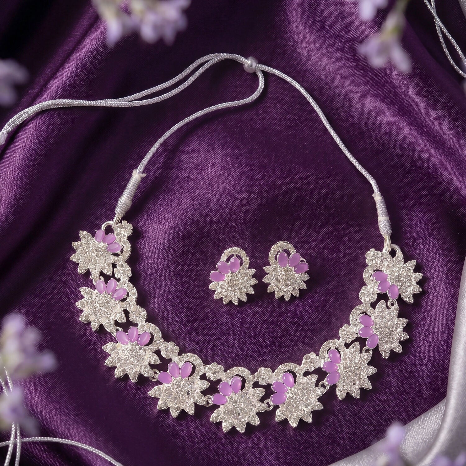 Stunning Pink Floral Necklace Set with Sparkling Earrings for Weddings and Parties - Image 2