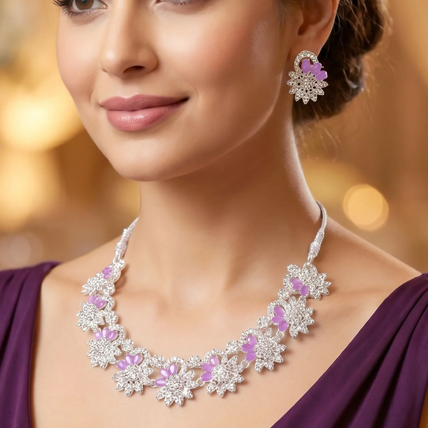 Stunning Pink Floral Necklace Set with Sparkling Earrings for Weddings and Parties - Image 3