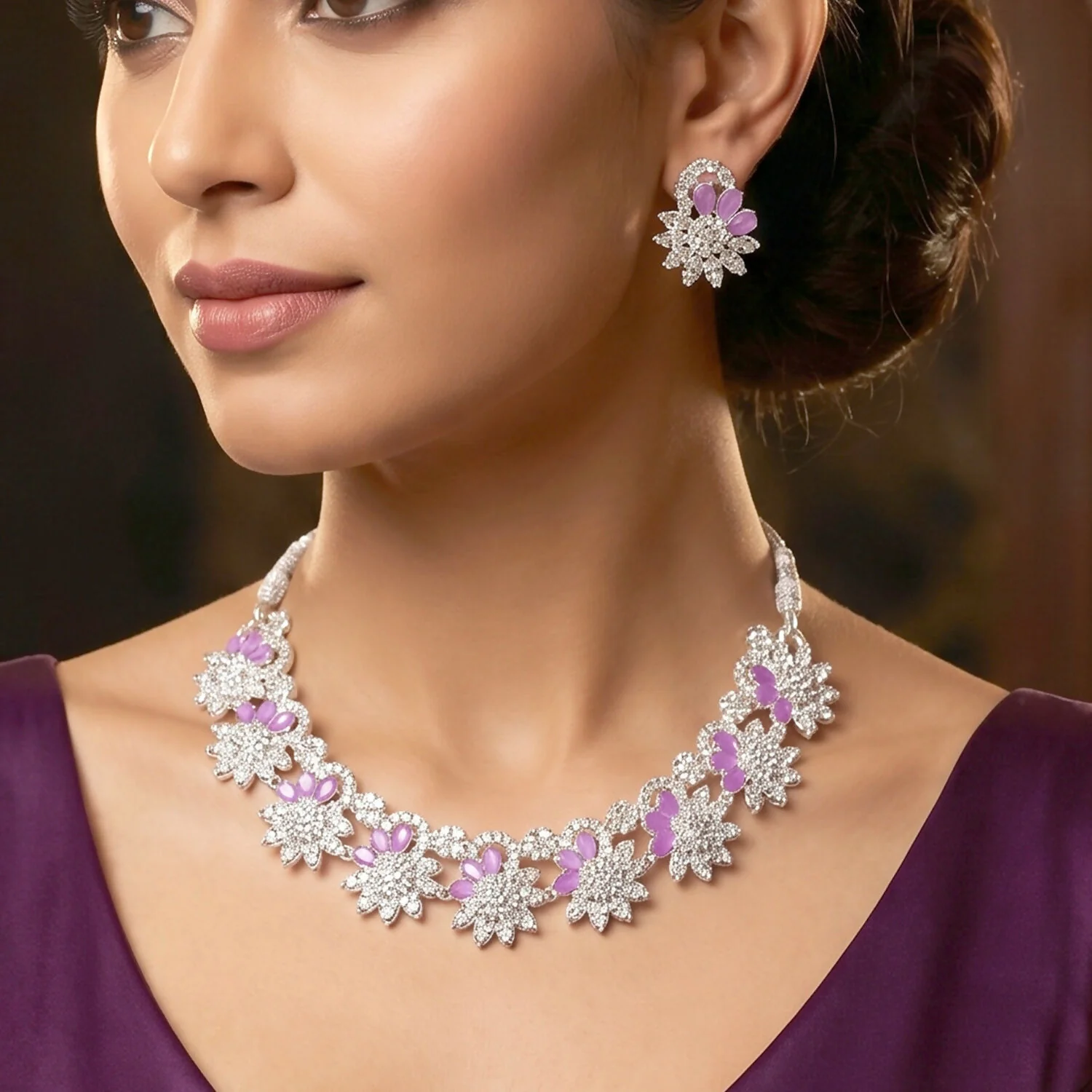 Stunning Pink Floral Necklace Set with Sparkling Earrings for Weddings and Parties - Image 5