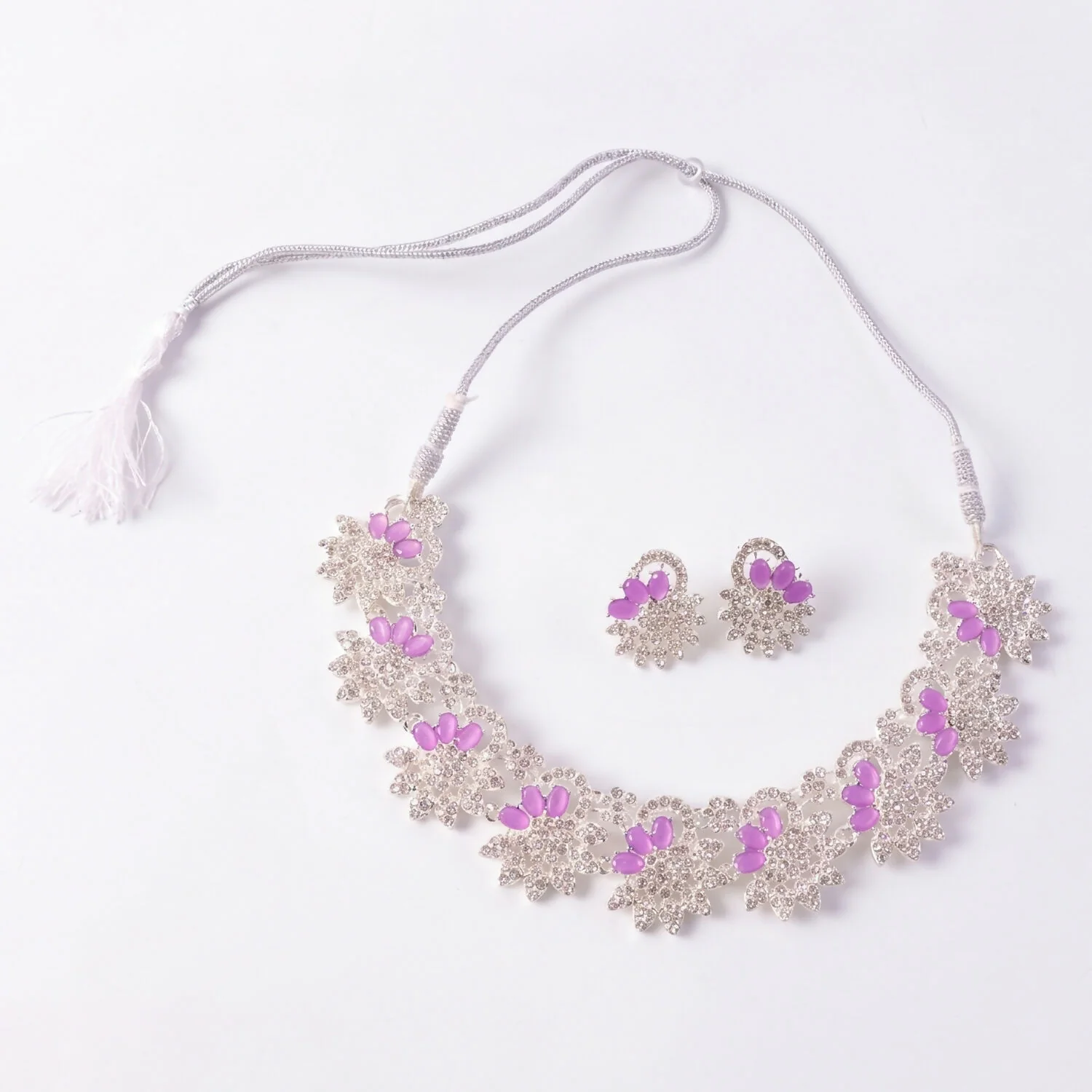Stunning Pink Floral Necklace Set with Sparkling Earrings for Weddings and Parties - Image 6