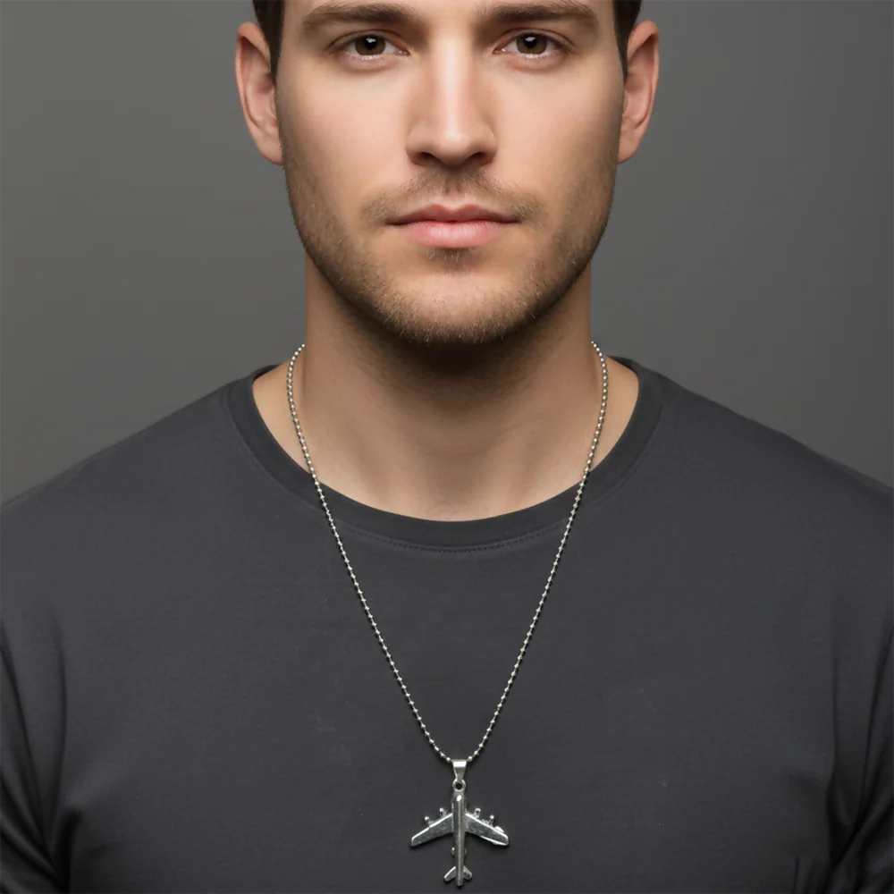 Stylish Aeroplane Shape Silver Tone Pendant Necklace for Men - Image 2