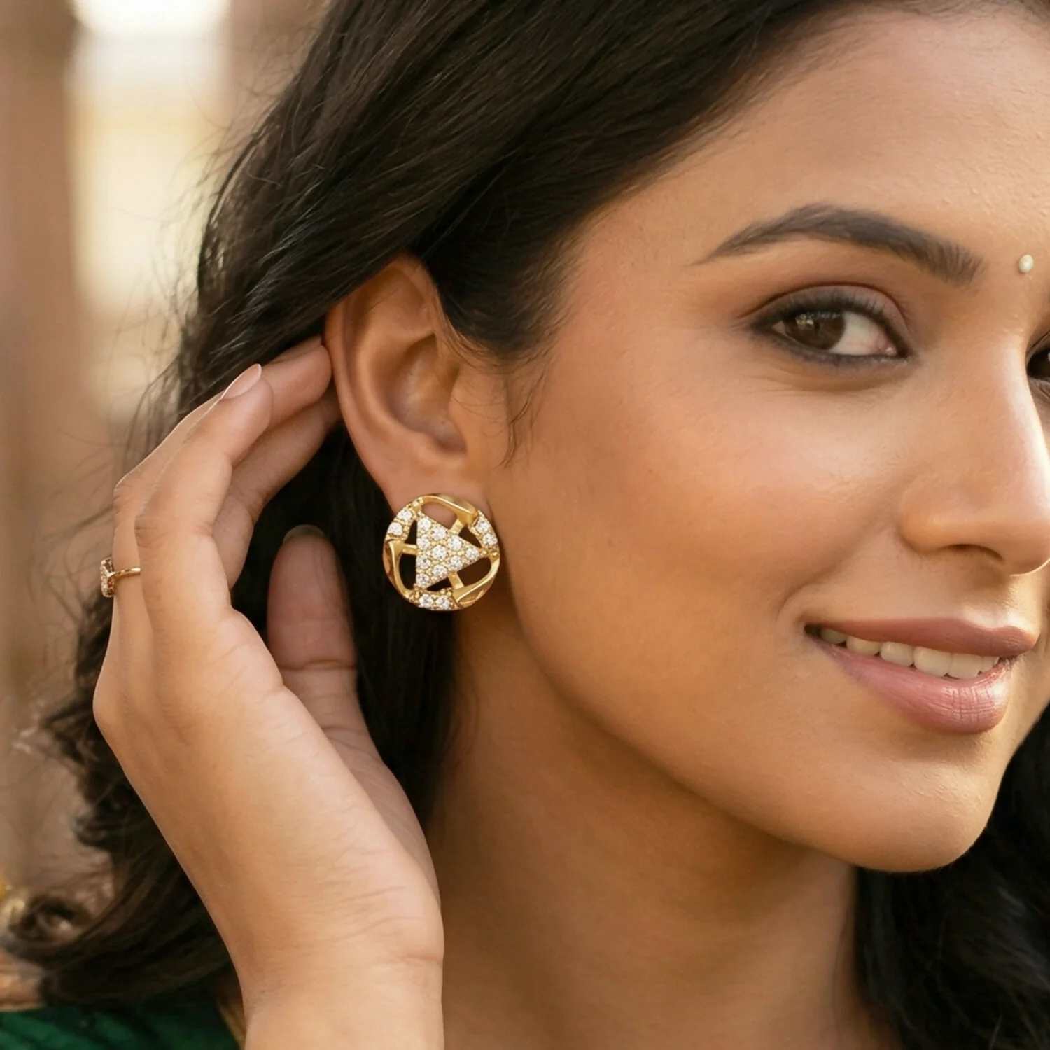 Stylish Bell Shape Gold Stud Earrings with Stone Accents - Image 3