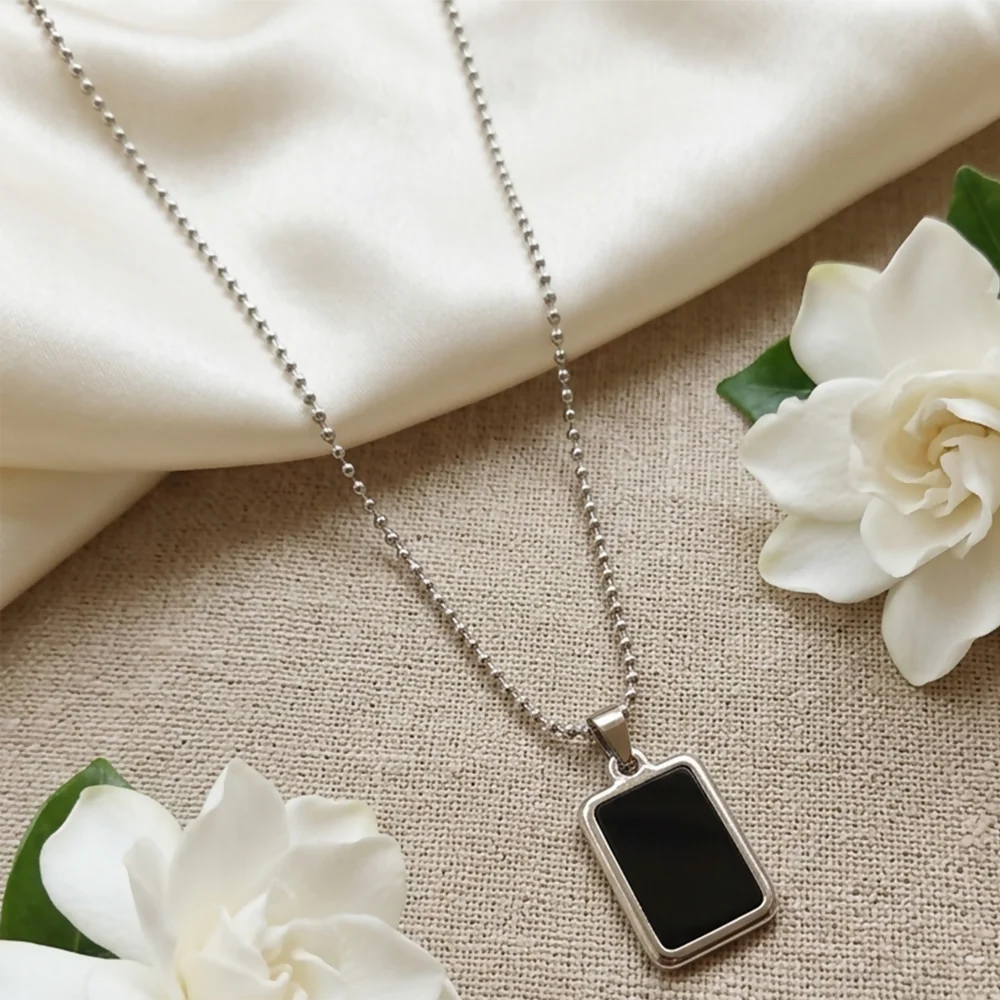 Stylish Black Onyx Rectangular Pendant Necklace Minimal Chain Jewelry