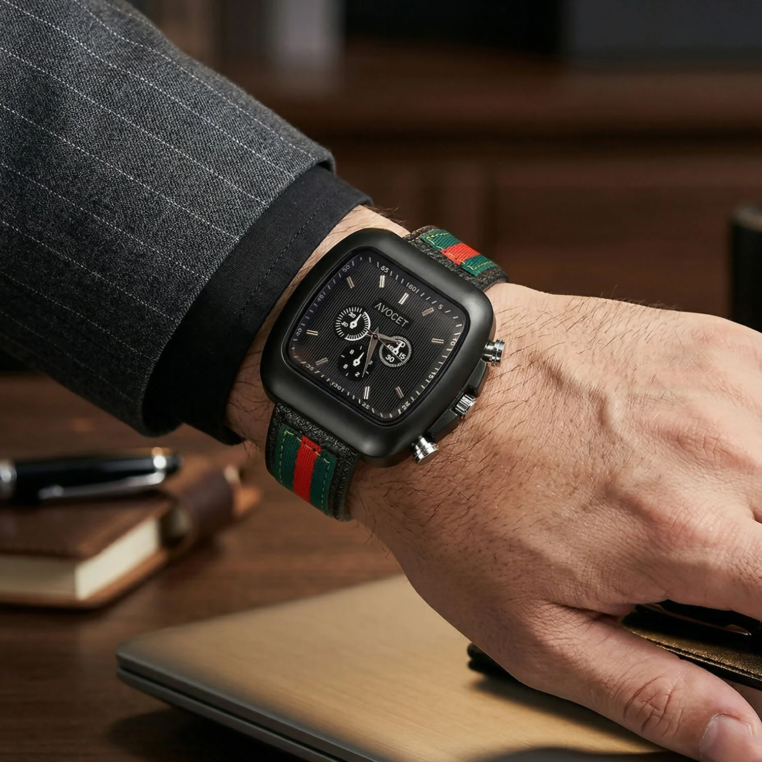 Stylish Black Square Dial Analog Watch with Striped Strap & Metal Case - Image 2
